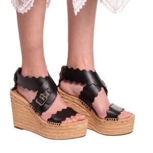 Chloe Black Leather Scalloped Platform Espadrilles Wedge Sandals Womens Sz 7 EUC